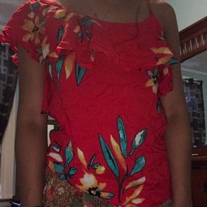 Off the shoulder red with flower shirt
